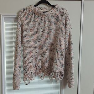 Rue21 Cream Crew Neck Sweater with Distressed Hem